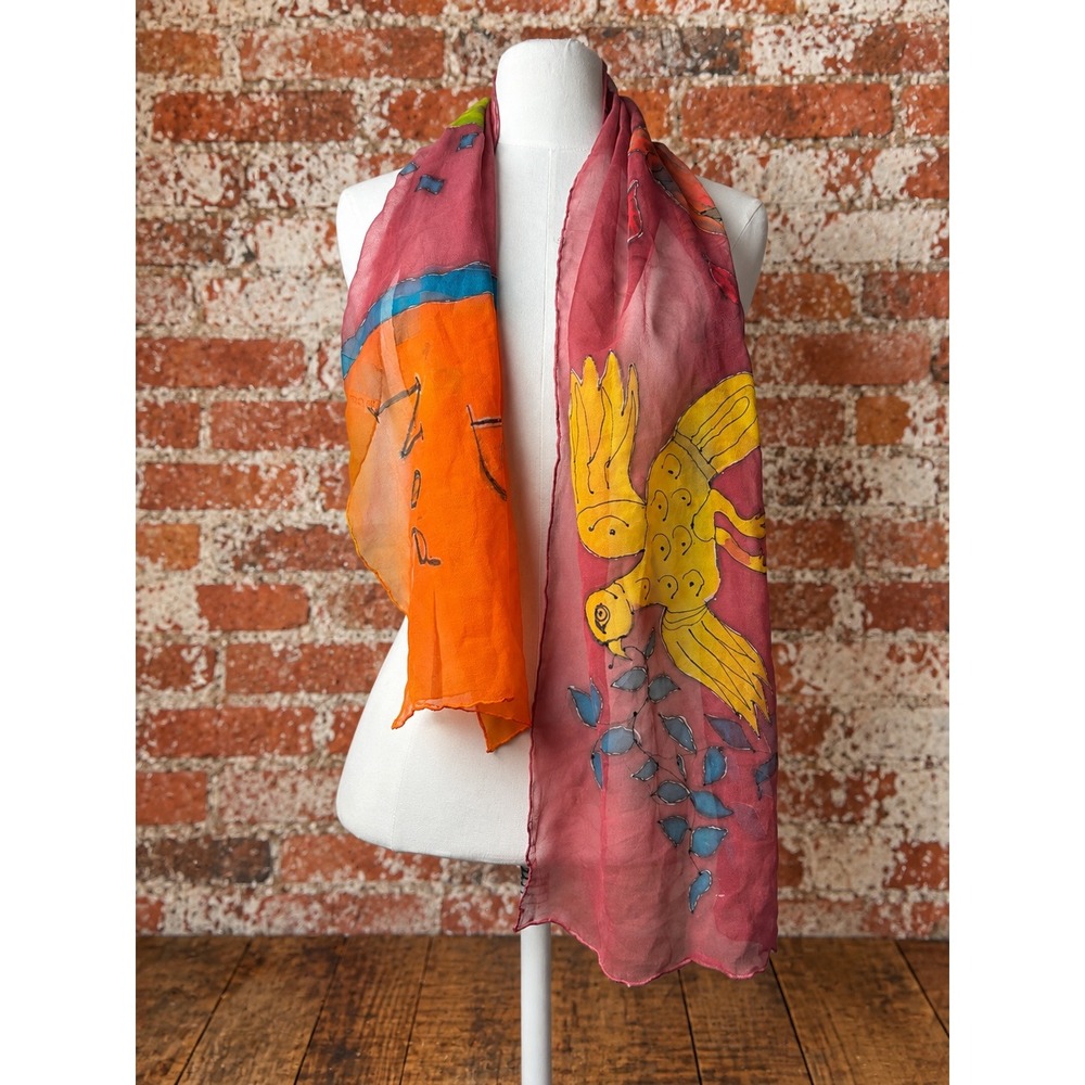 Arca de Noe Hand Painted Silk Bird Scarf Whimsical Artisan Boho Eclectic Unique